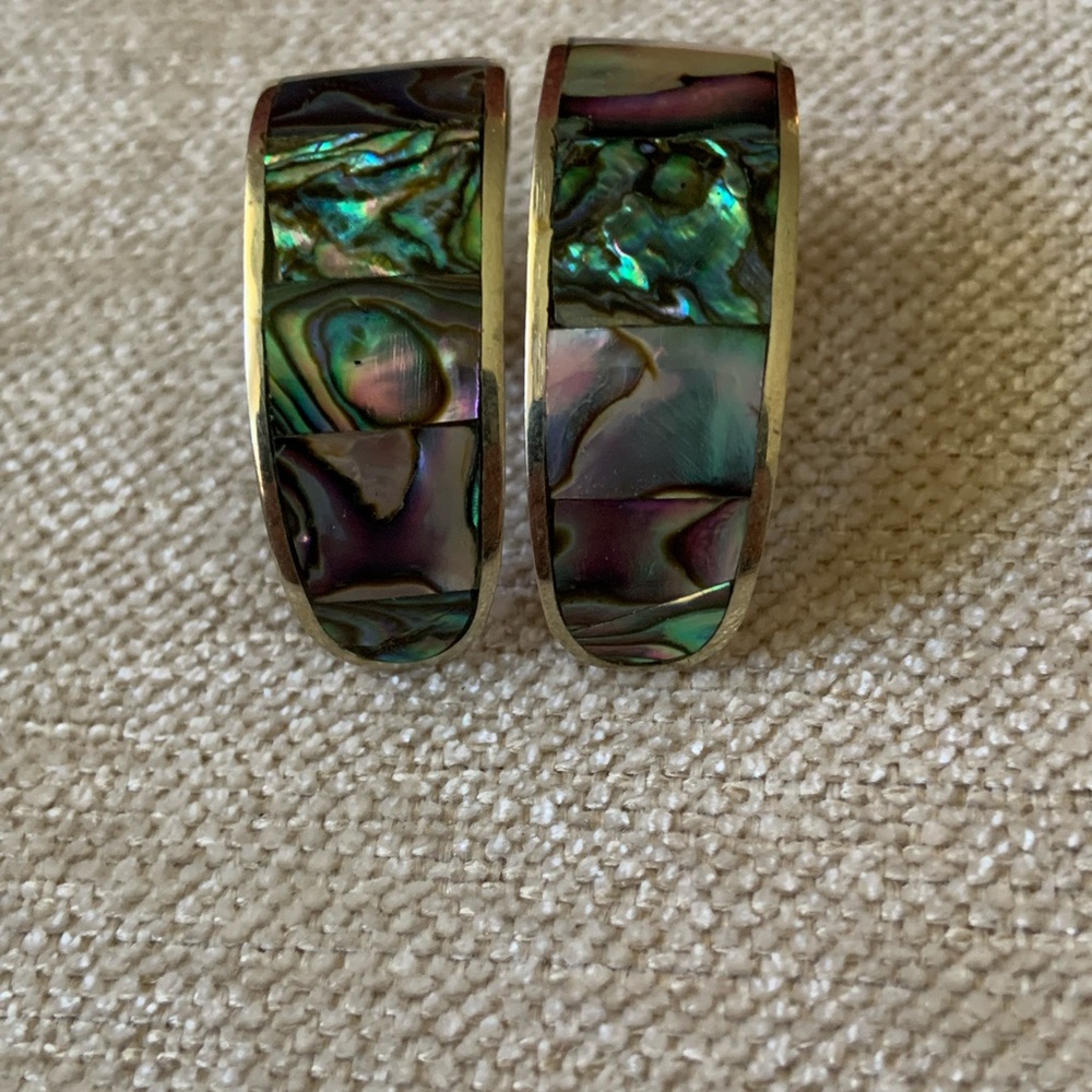Source Unknown Abalone Inlay Hoop Earrings - Iridescent Green and Purple